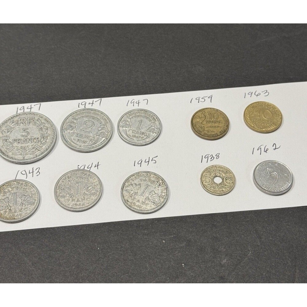 10 French Coins 1938 , 1940's 1960's